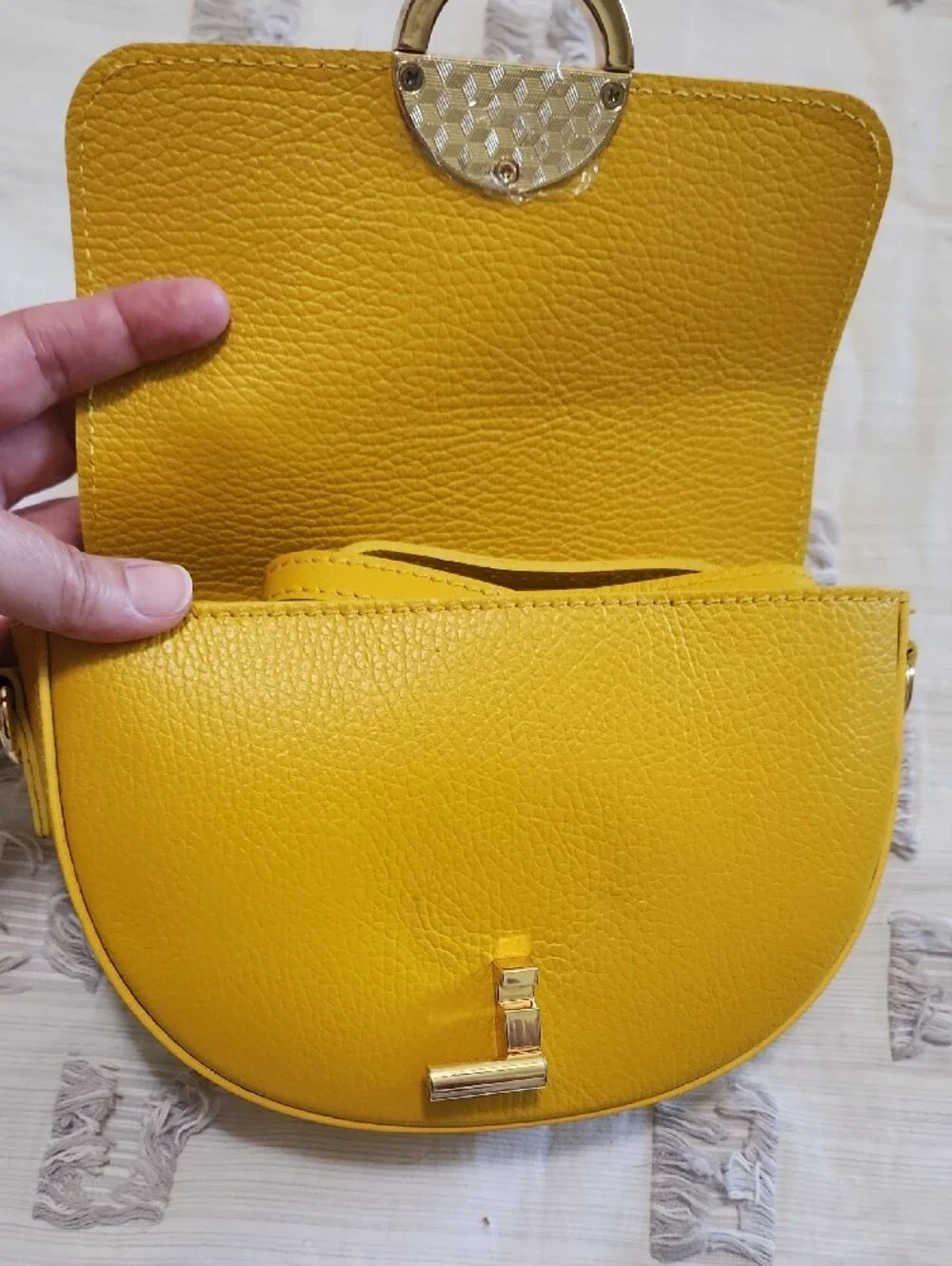 Italian Leather Women’s Saddle Crossbody Bag with Gold Ring Accent And Stap